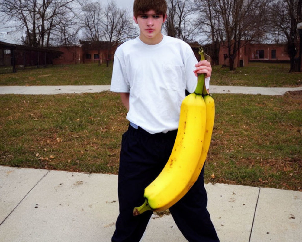 Person holding giant banana prop outdoors with buildings and trees in background