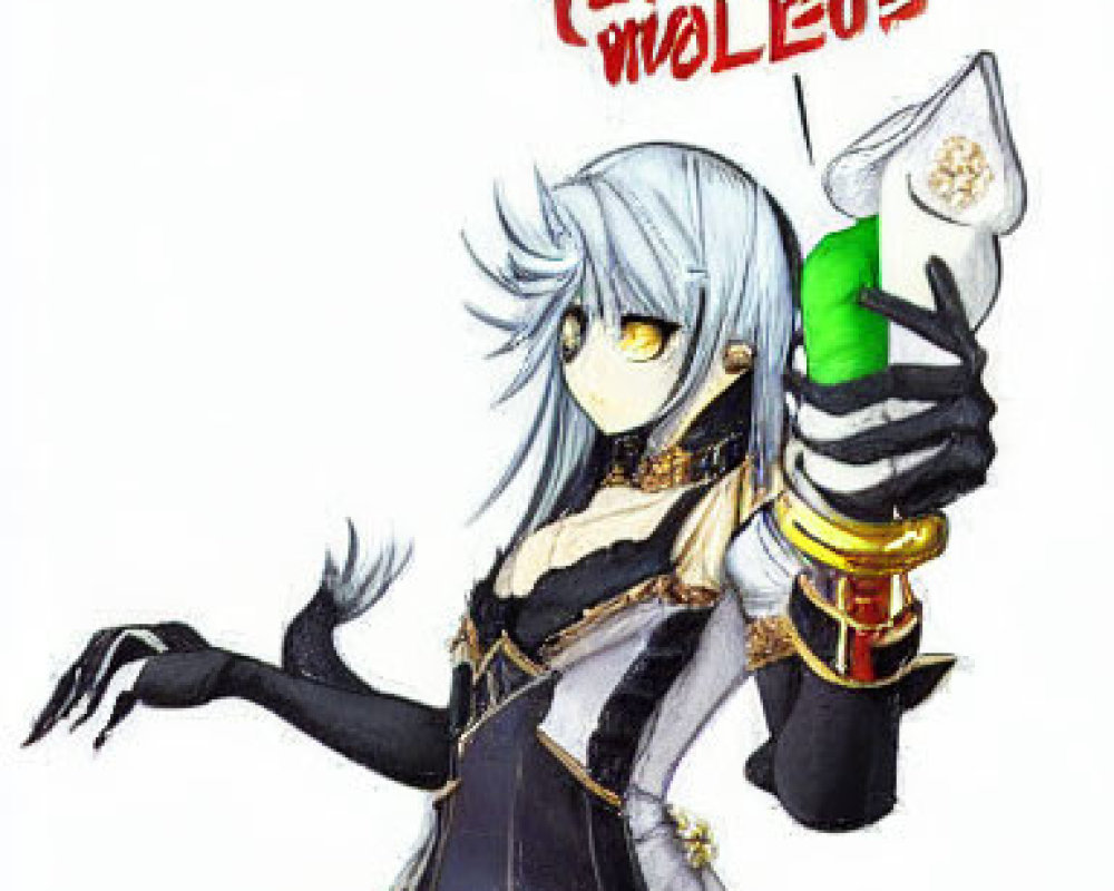 Anime-style female character with silver hair holding green potion in dark dress