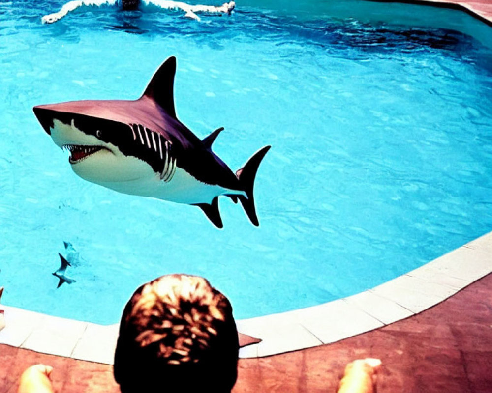 Swimmer in Pool with Large Shark Graphic illusion