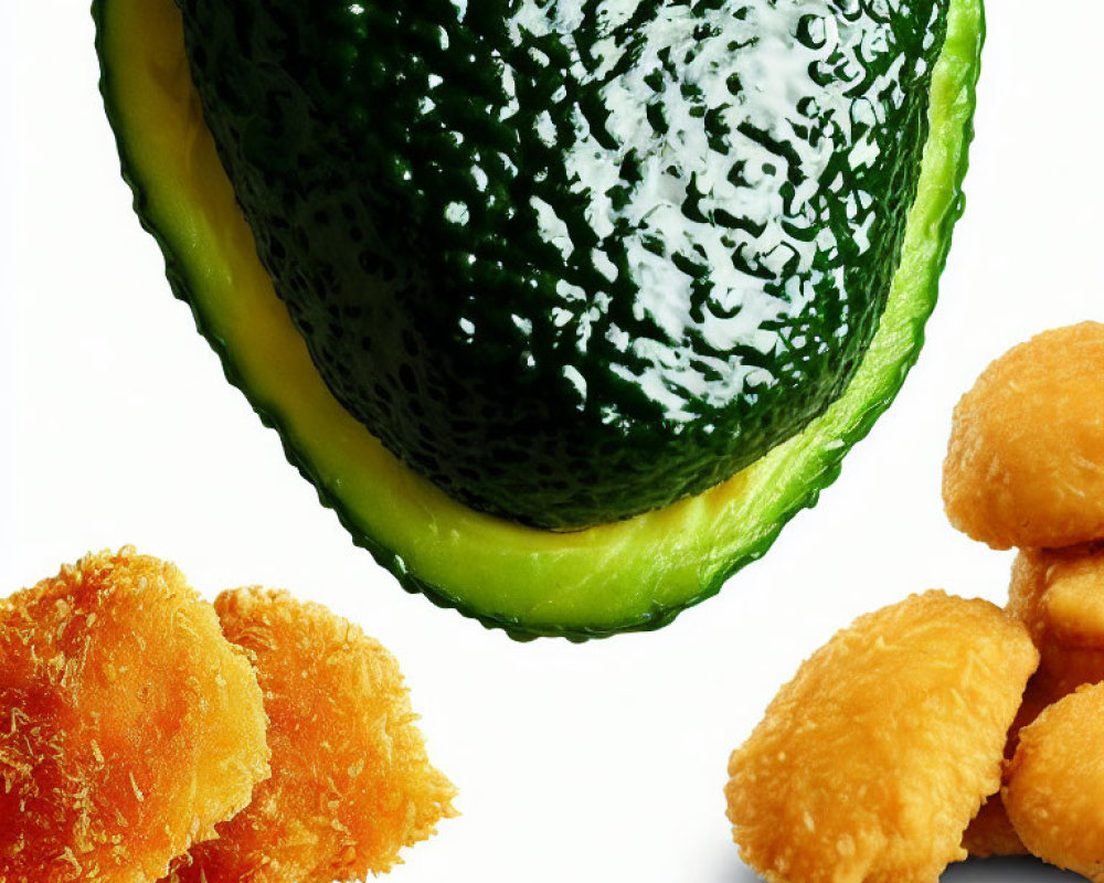 Avocado Half with Chicken Nuggets on White Background