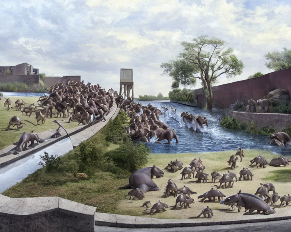 Numerous hippos in a waterway scene with pathways and playful activities