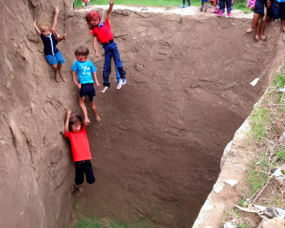 Kids climbing and playing in outdoor dirt ditch