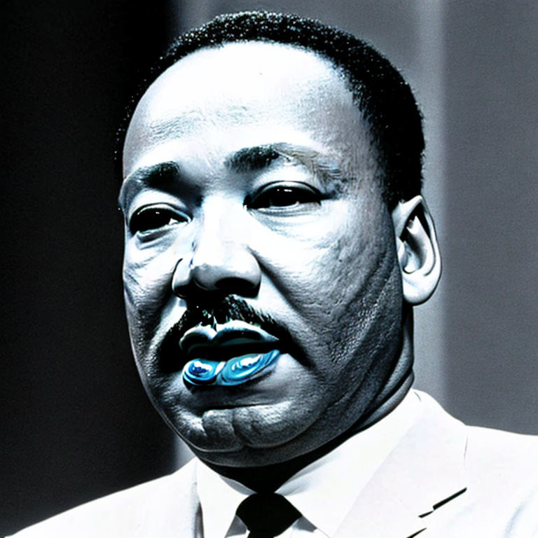 Stylized portrait of man with blue-tinted lips on grey background