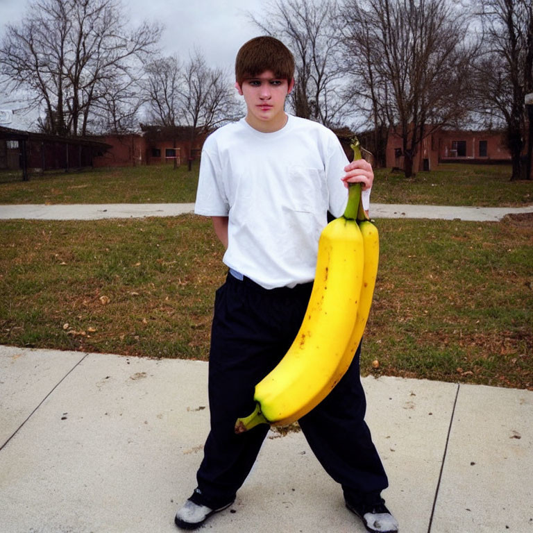 Person holding giant banana prop outdoors with buildings and trees in background