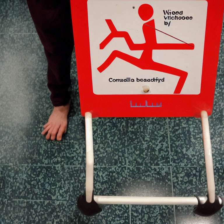 Multilingual Wet Floor Caution Sign on Speckled Green Floor