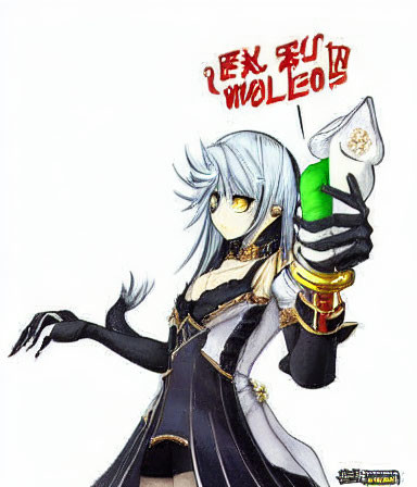 Anime-style female character with silver hair holding green potion in dark dress