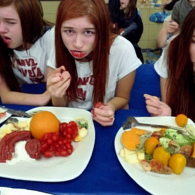 Three girls in a cafeteria with one looking disgusted, others holding food, showing dislike or confusion.