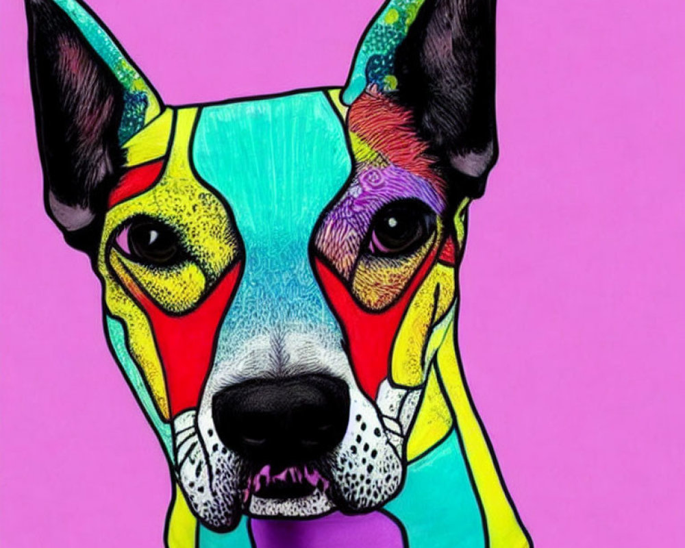 Vivid Patchwork Dog Art Against Pink Background