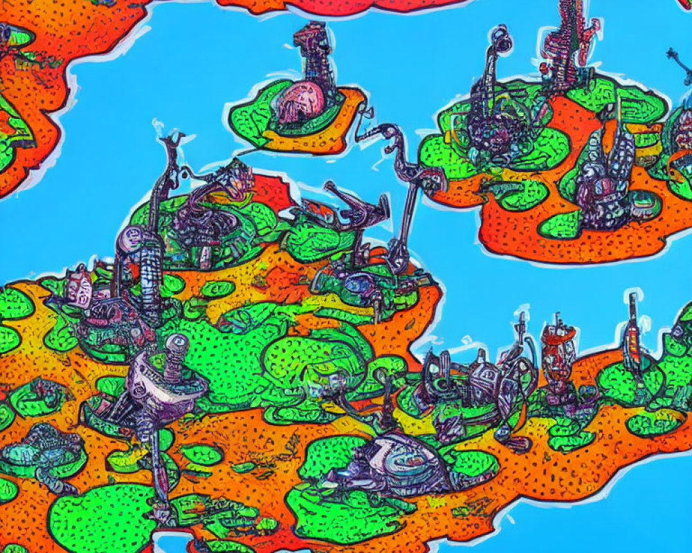 Detailed illustration of whimsical robotic structures on floating islands