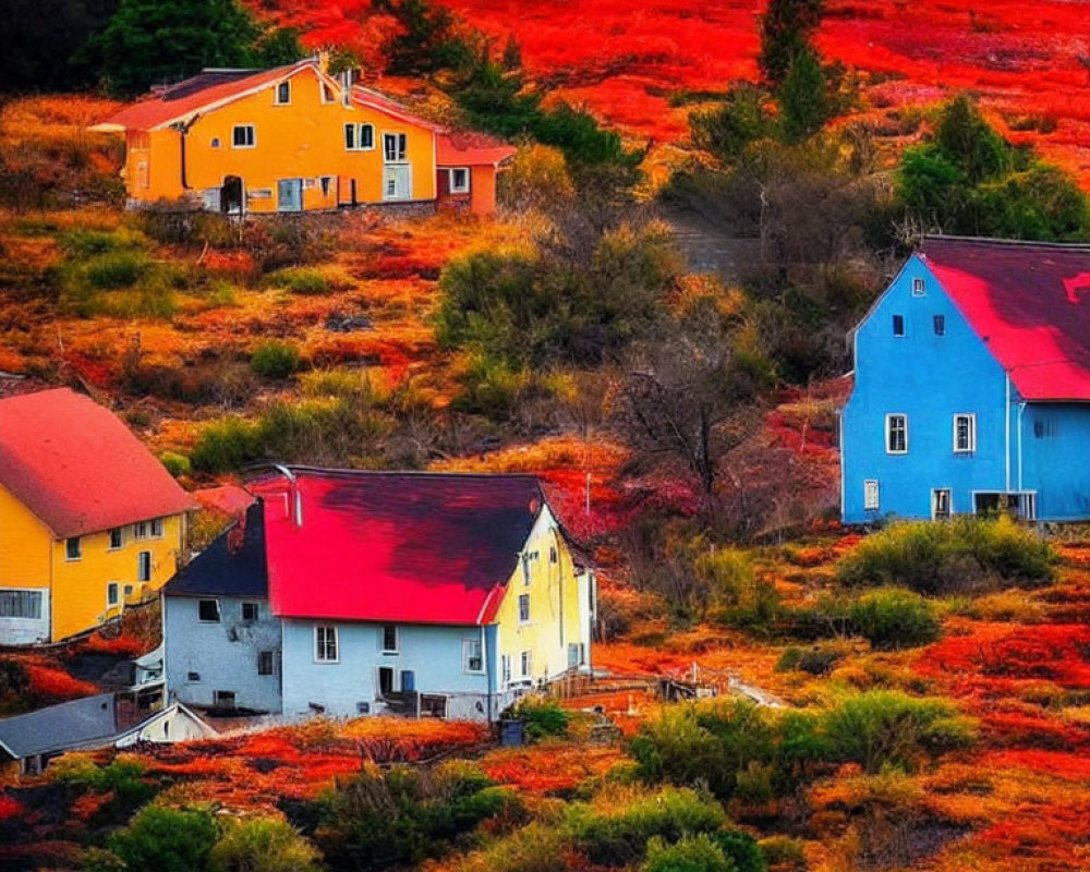 Colorful Houses in Fiery Red and Orange Foliage Landscape