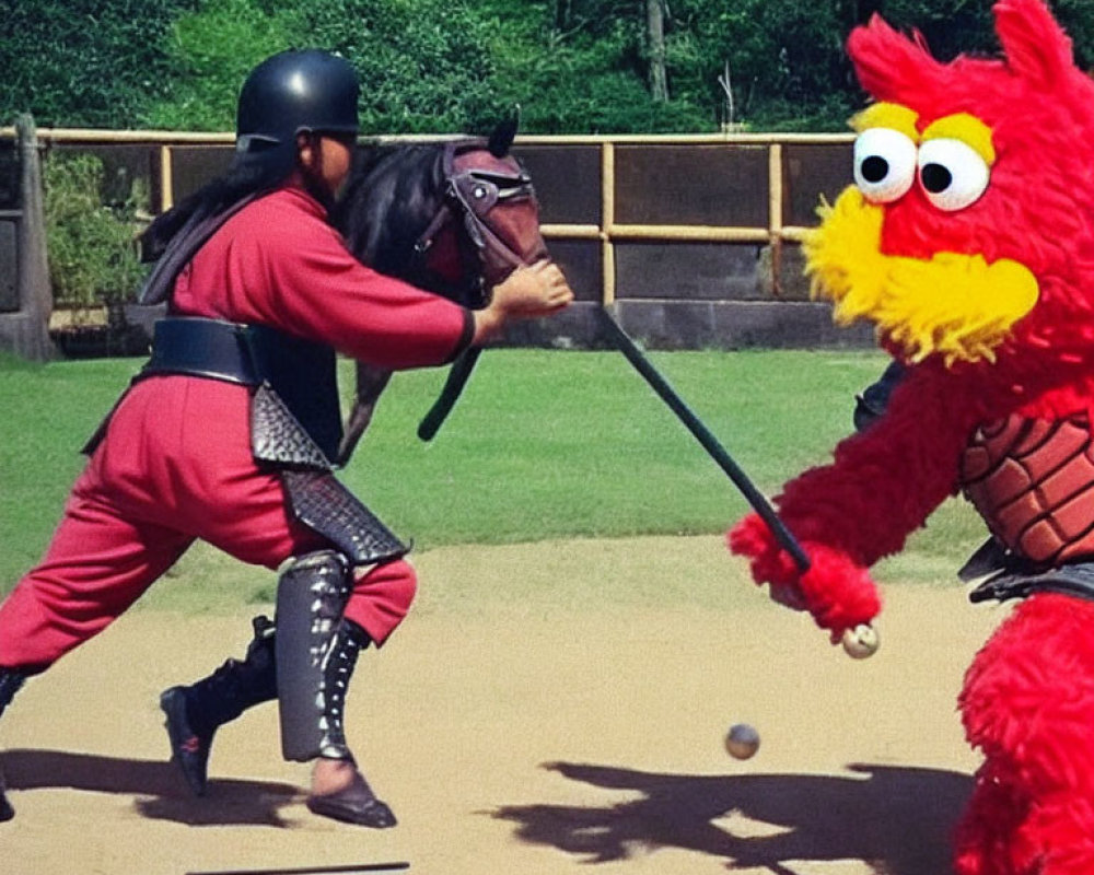 Traditional samurai armor person plays baseball with red furry Muppet-like character