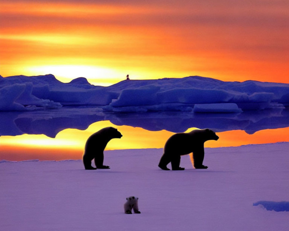 Polar Bears and Cub on Ice at Sunset with Orange and Purple Sky