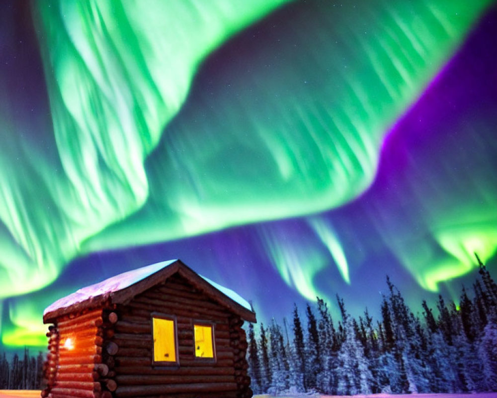 Cozy log cabin under vibrant aurora borealis in snowy forest landscape