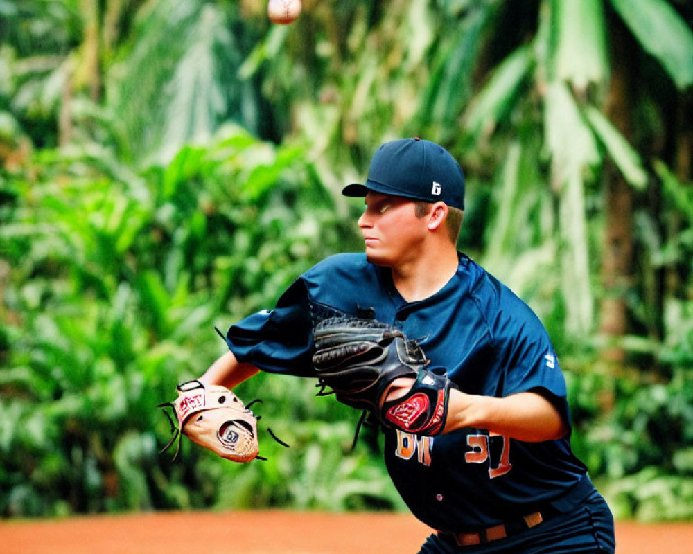 Baseball player catching ball in tropical forest setting, navy jersey number 21