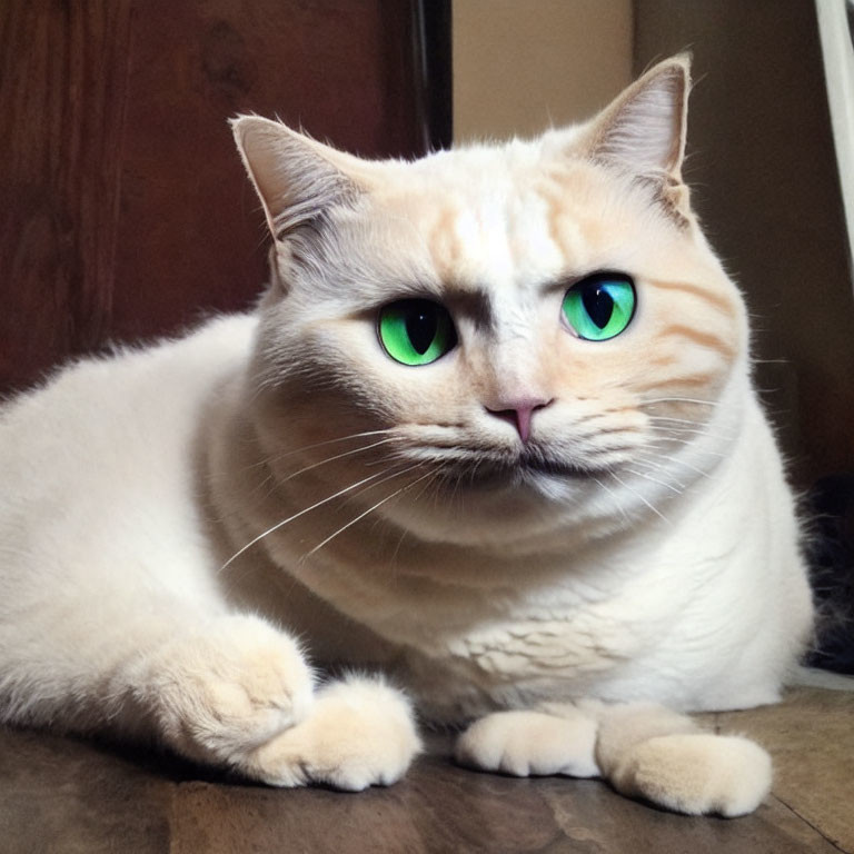 White Cat with Green Eyes Lounging on Wooden Floor