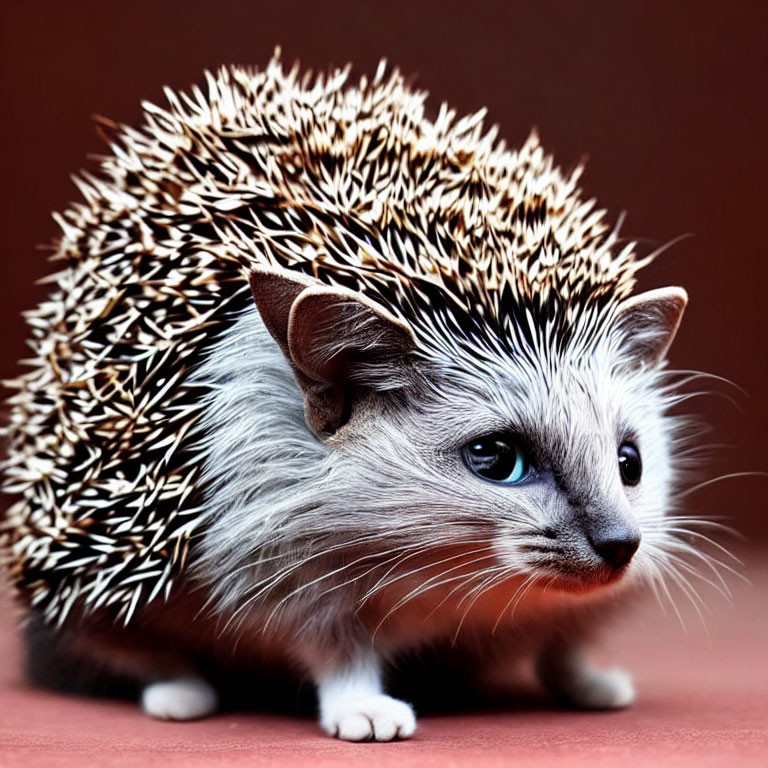Photorealistic depiction of hedgehog-bodied creature with cat face