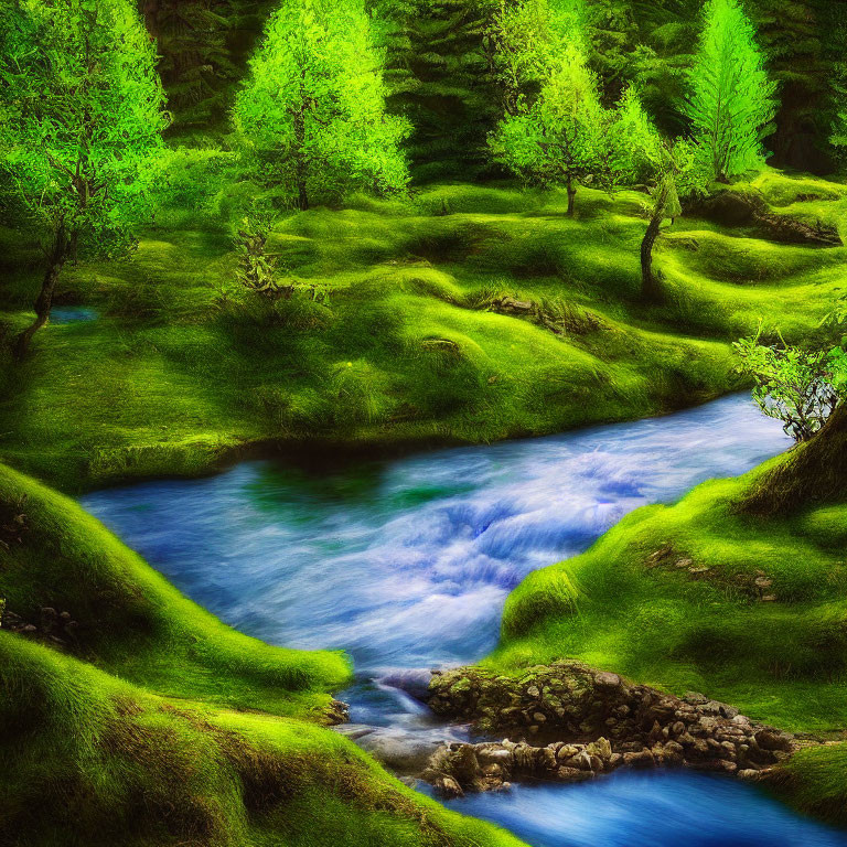 Vibrant green forest with blue stream under dappled sunlight