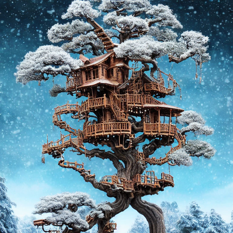 Snow-covered treehouse nestled in large tree under blue sky