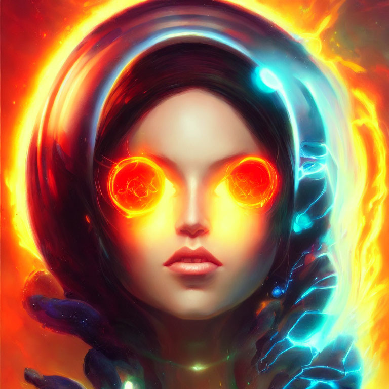 Futuristic illustration of a woman with glowing orange eyes and fiery icy elements