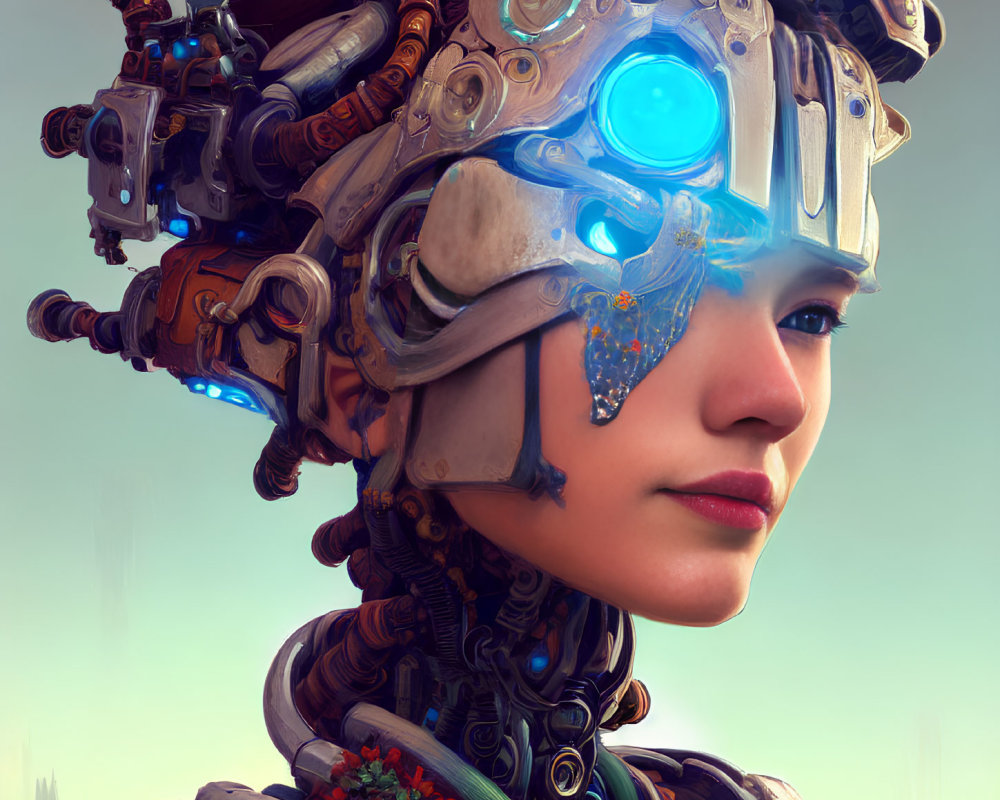 Detailed digital portrait of woman with cybernetic headpiece and glowing blue eye