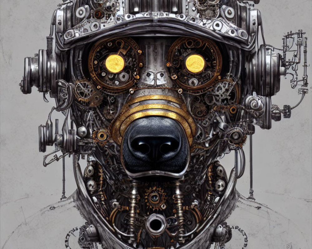 Detailed Steampunk-inspired Dog Head Drawing with Mechanical Components