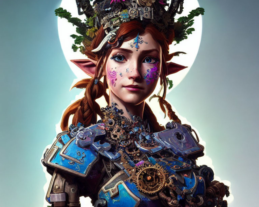 Fantasy female character with elf-like ears in blue armor and gear headdress on moon backdrop
