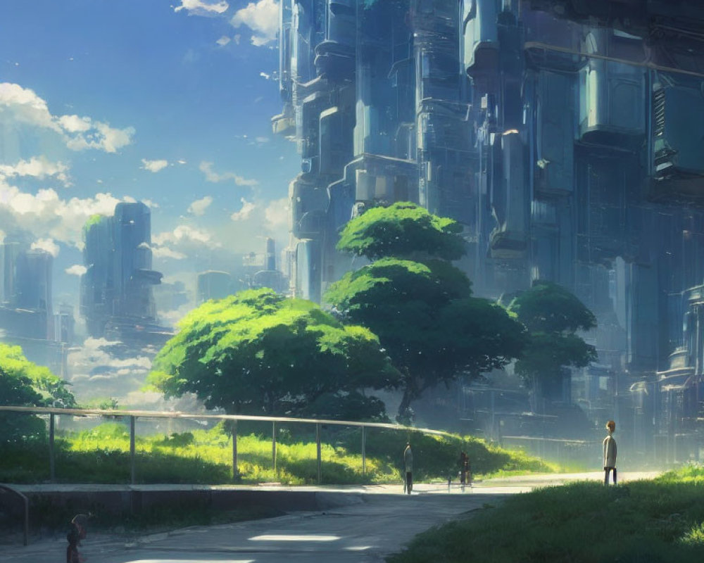 Futuristic cityscape with towering structures and lush green trees