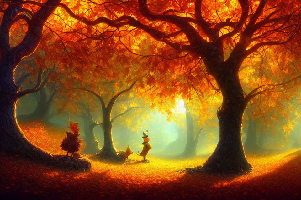 Enchanted autumn forest with golden leaves and cartoon fox