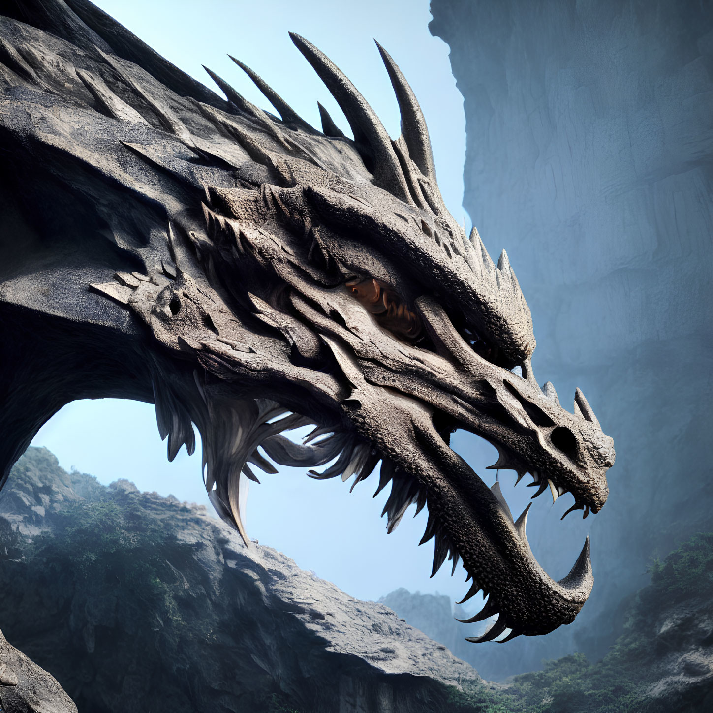 Detailed close-up of sharp-horned dragon head in rocky landscape