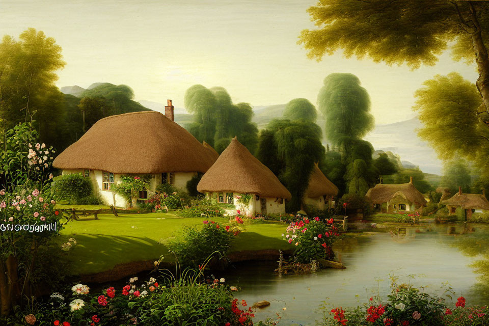 Rural scene: Thatched-roof cottages near river with lush greenery