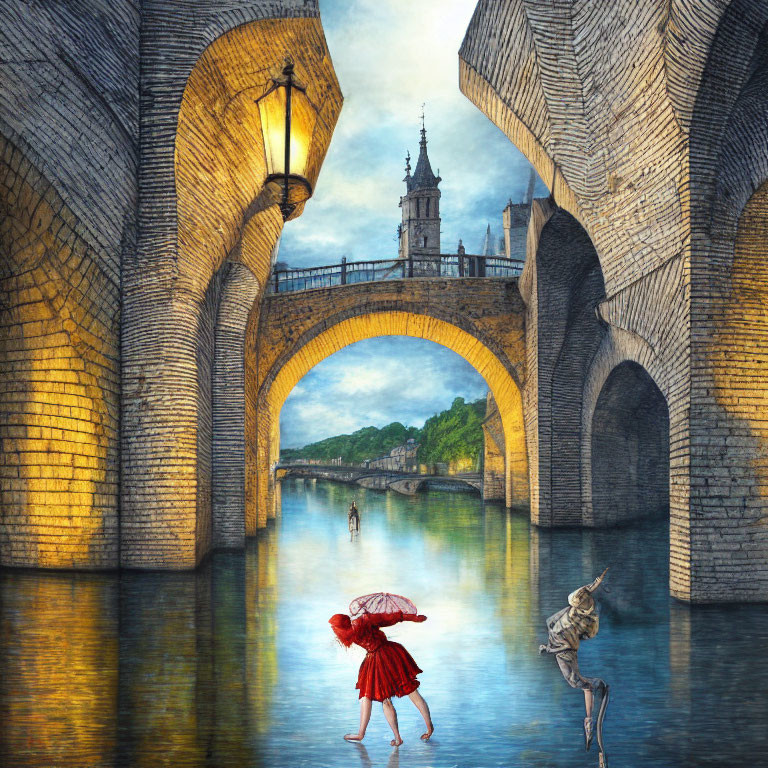 Artwork of woman with red umbrella and skeleton dancing on water under stone bridge.