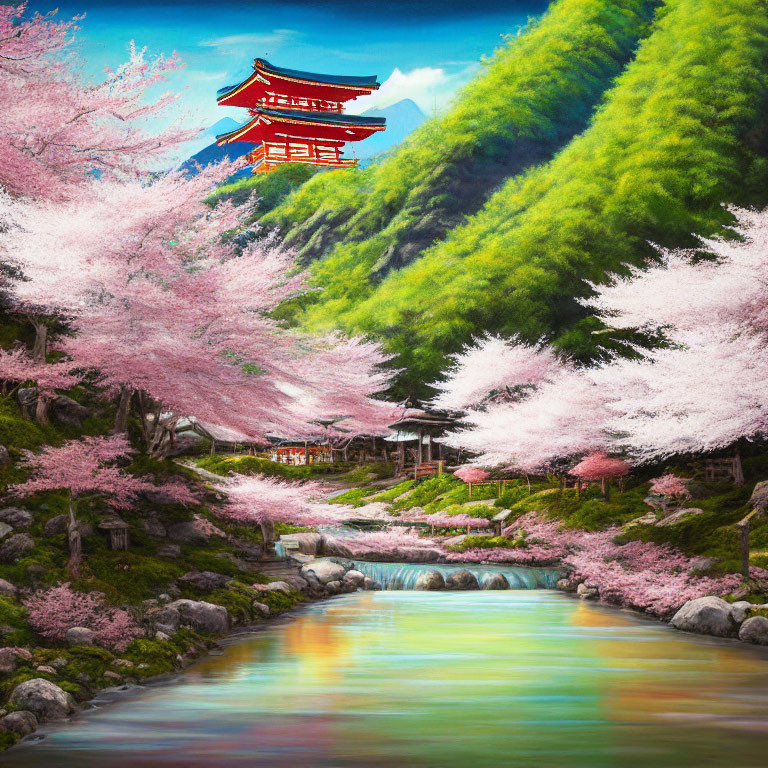 Scenic Cherry Blossoms, River, Torii Gate, Green Hills Landscape