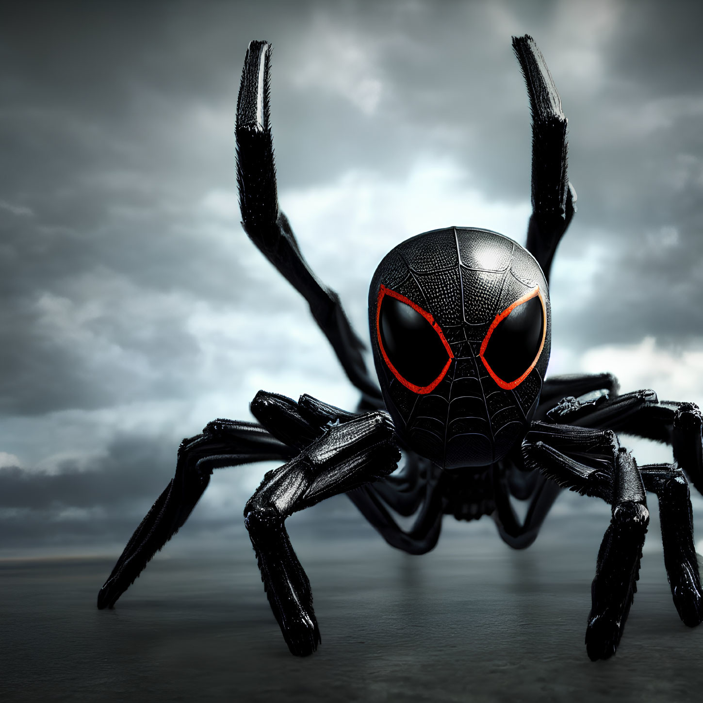 Stylized black spider with red eye markings on gloomy sky backdrop