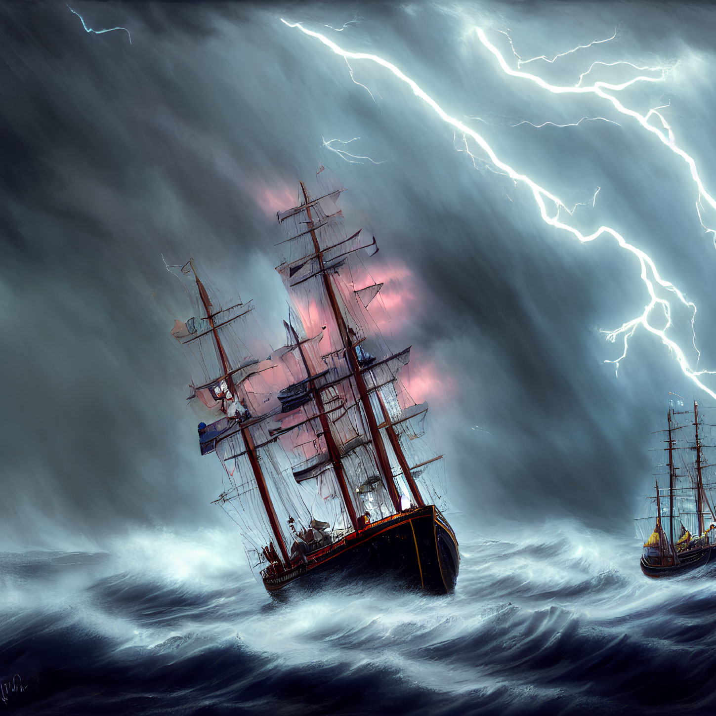 Stormy seas with sailing ships and lightning in dramatic scene