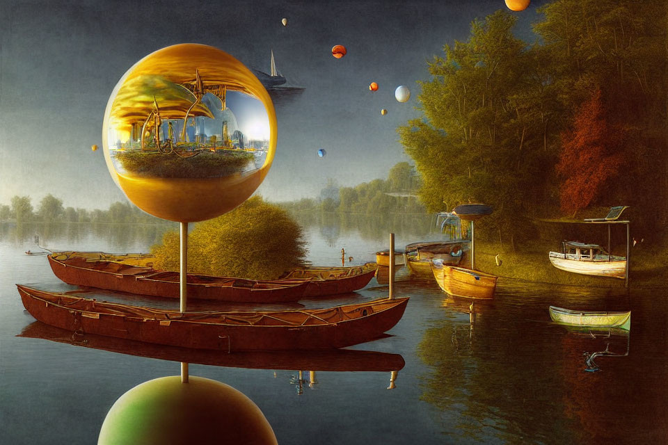 Surreal landscape with boats, city sphere, and floating spheres under dusky sky