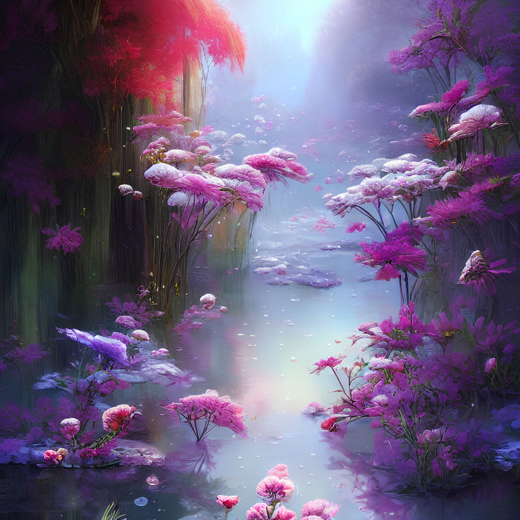 Vibrant pink and purple flora in mystical forest with serene stream.