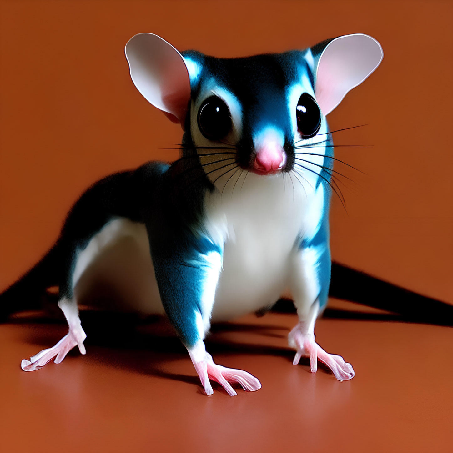 Digital blend of mouse and sugar glider with big eyes and blue fur on orange backdrop