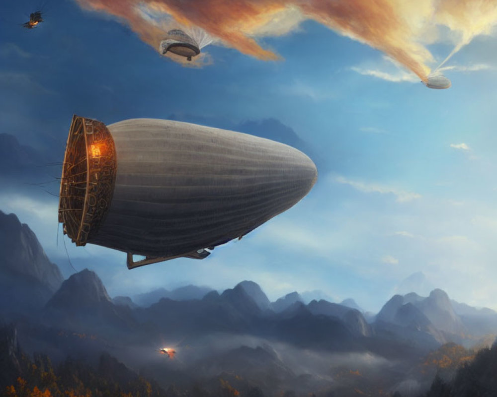 Fantasy scene: Airships over misty mountains at sunset