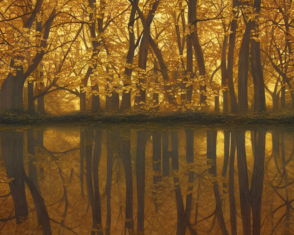 Tranquil autumn forest with golden leaves reflected in calm water