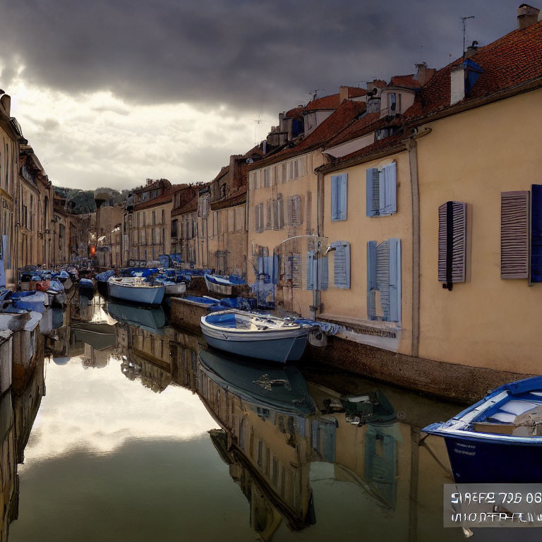 European Town: Row Houses, Canal, Moored Boats, Cloudy Sky