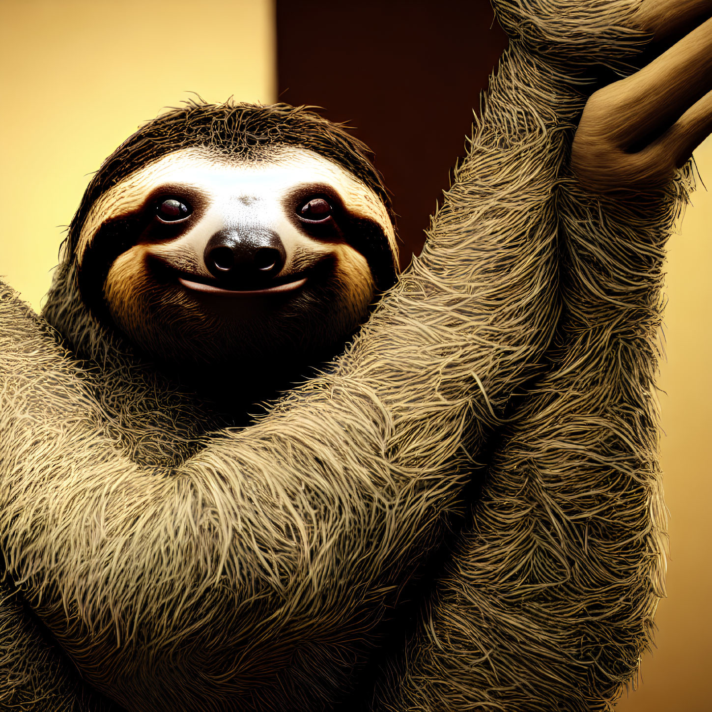 Smiling sloth hanging from a branch with fur textures on yellow background