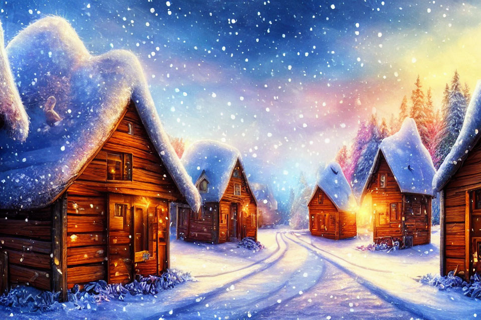 Cozy snow-covered log cabins in twilight winter village