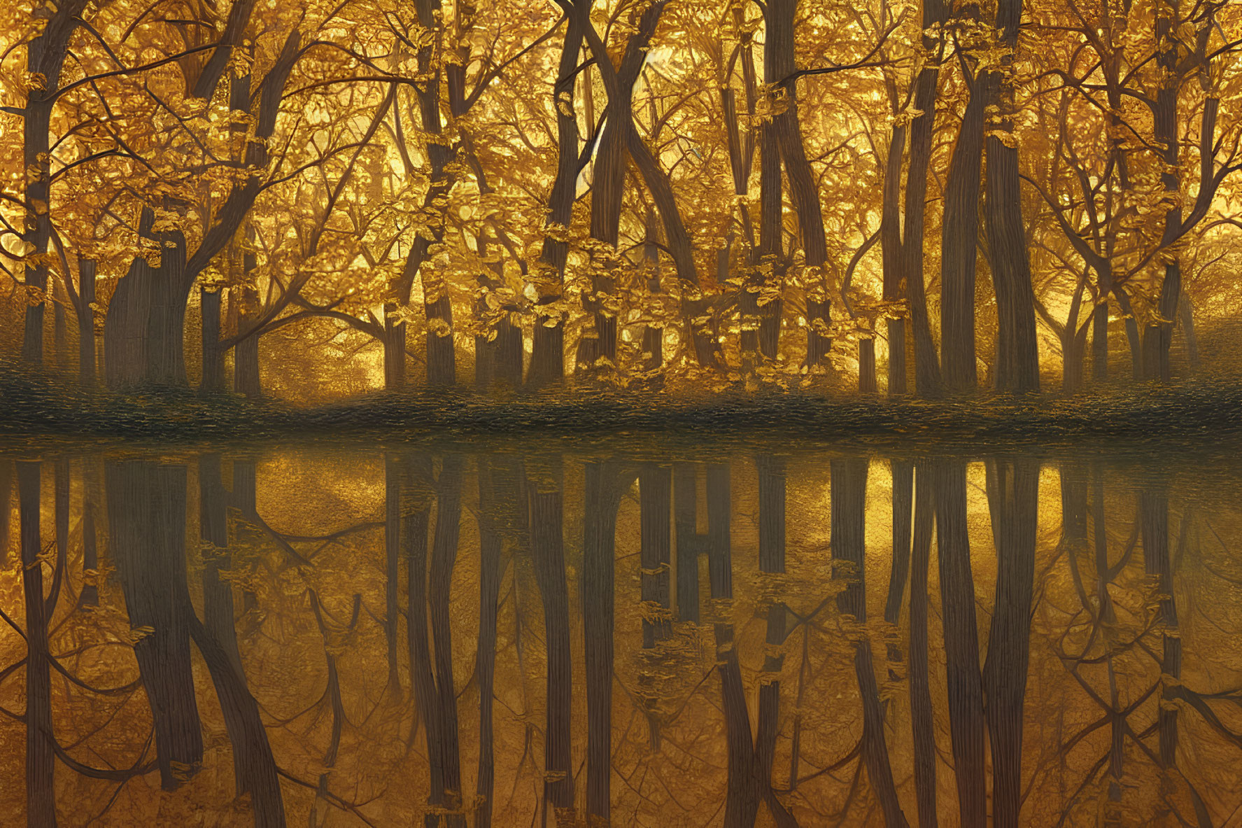 Tranquil autumn forest with golden leaves reflected in calm water