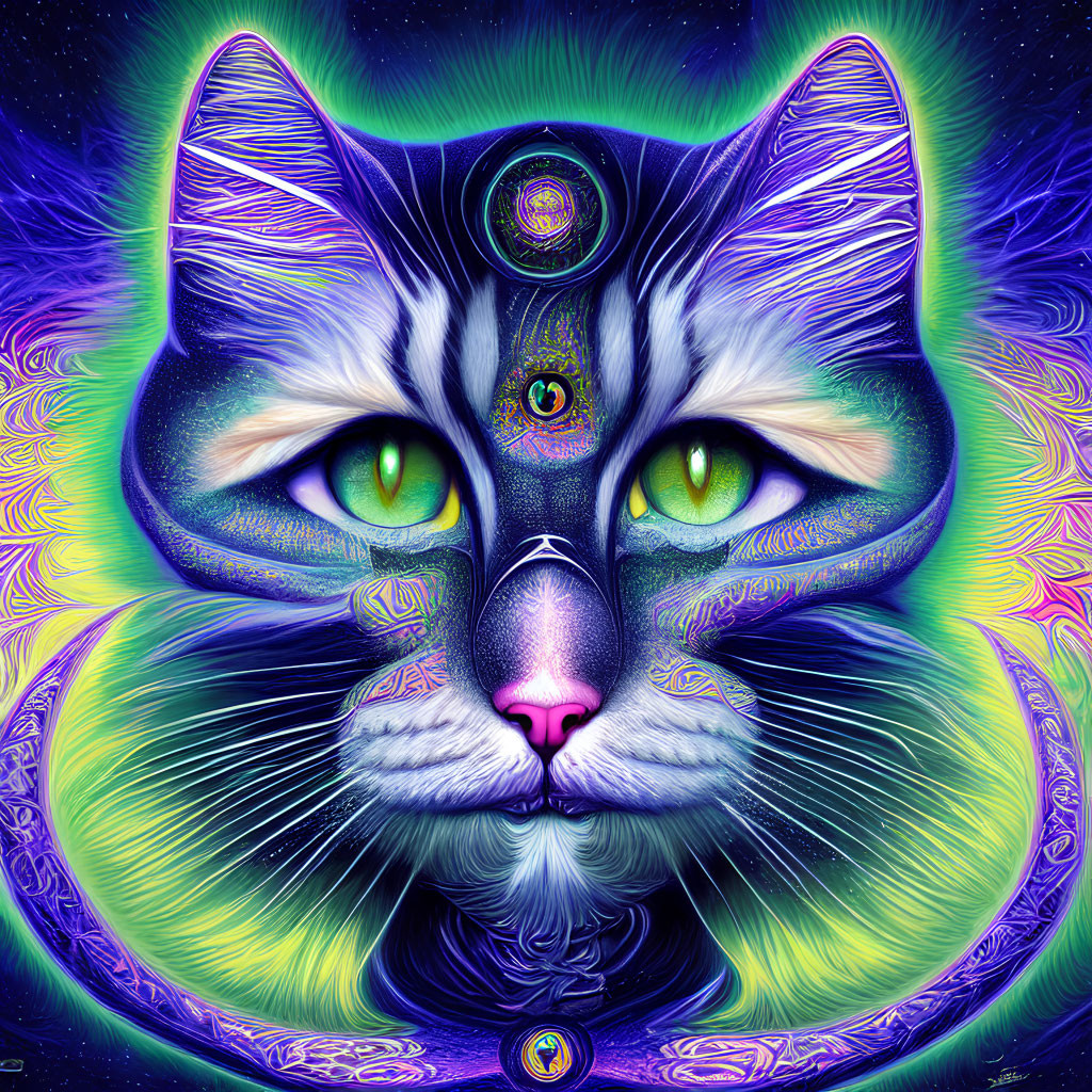 Colorful Psychedelic Cat Illustration with Green Eyes on Cosmic Background