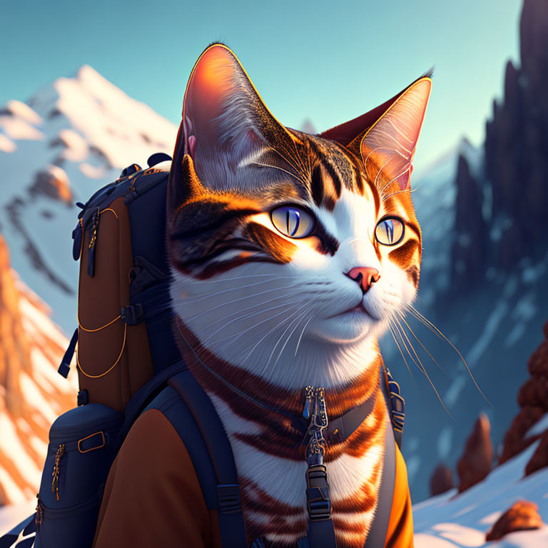 Tabby Cat with Backpack in Mountain Landscape