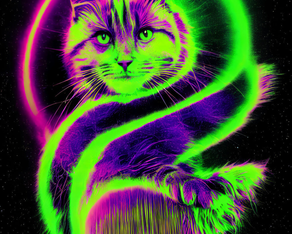 Colorful Neon Cat Artwork on Starry Background
