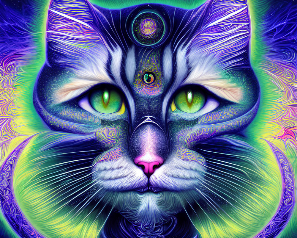 Colorful Psychedelic Cat Illustration with Green Eyes on Cosmic Background