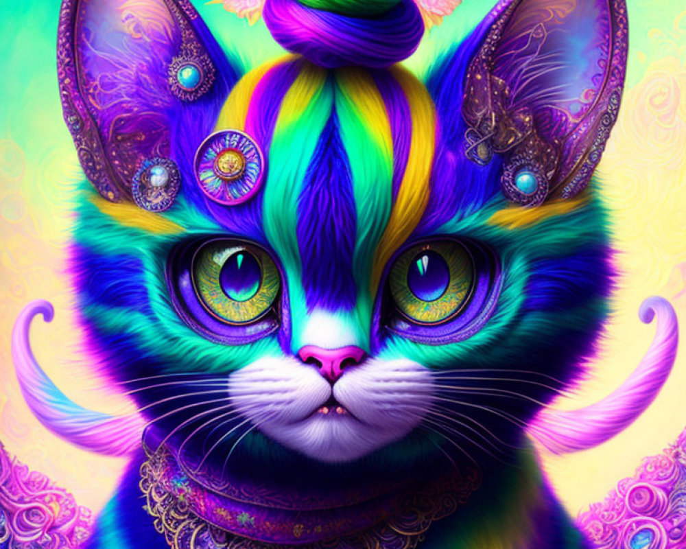 Colorful digital artwork featuring a jeweled cat with multicolored fur