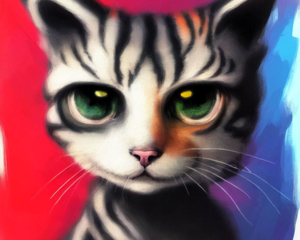 Colorful Cat Portrait with Expressive Green Eyes and Striped Fur