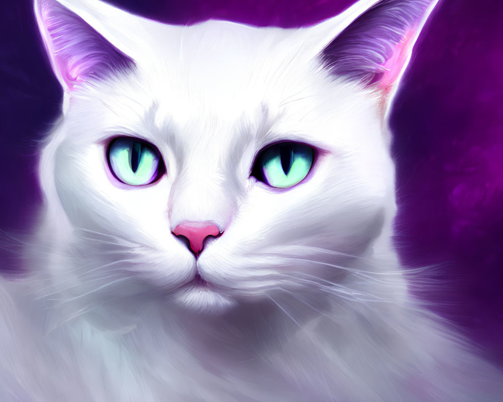 White Cat with Green Eyes on Vibrant Purple Background
